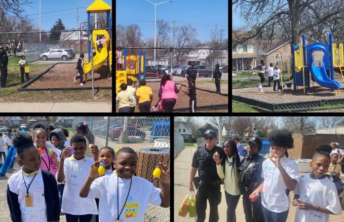  collage of students looking for eggs on the playground and holding up eggs they have found